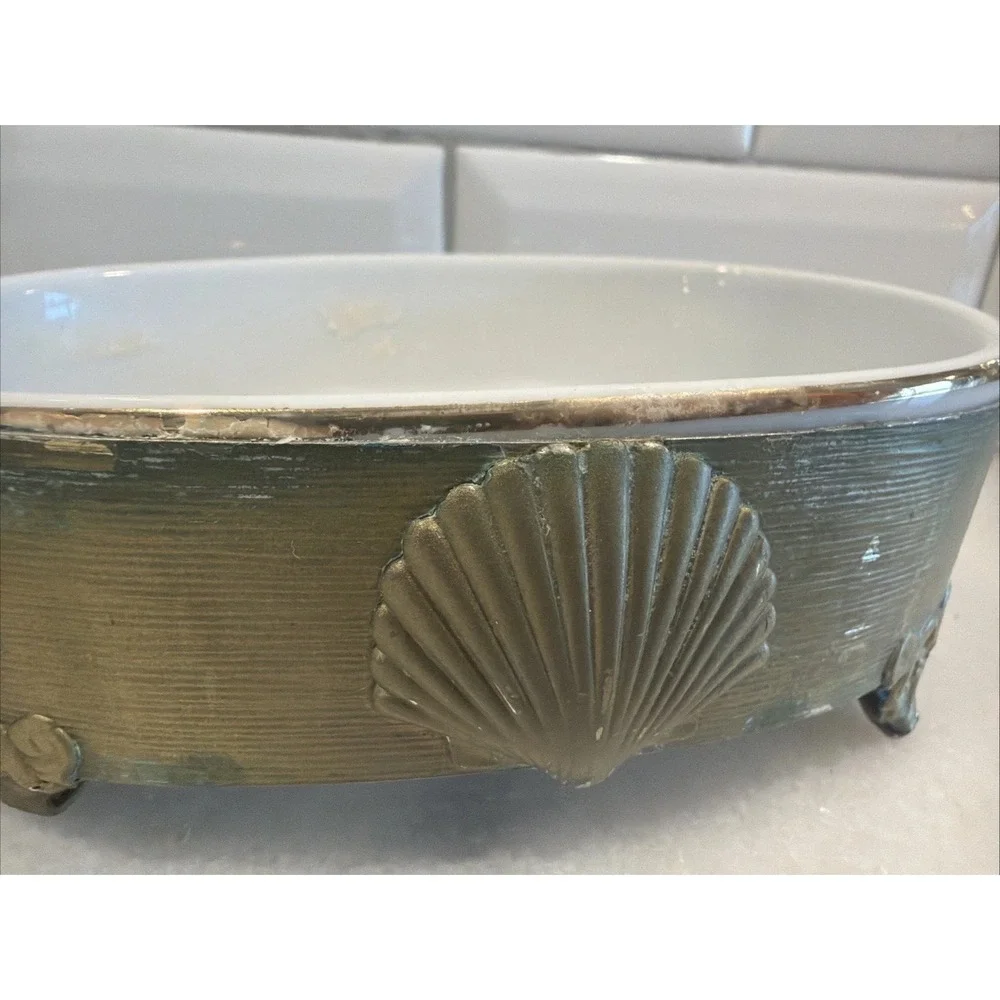 Oval Brass With Shell Detail White Soap Dish Tray 5 3/4x2x3 3/4 In ES001